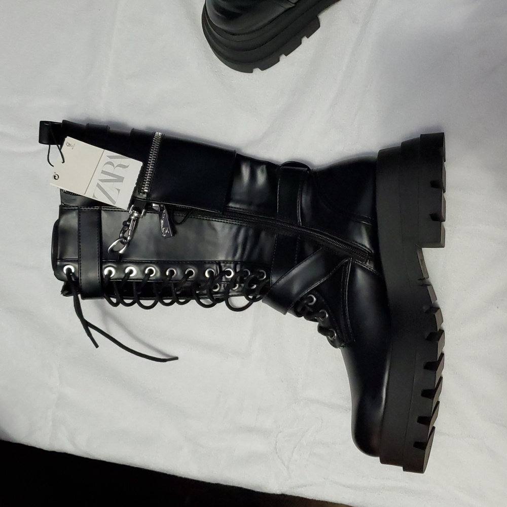 Zara Black Lace Up Boots with High Top Design and Rugged Sole